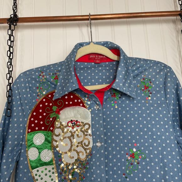 Jack b. quick Women’s Blue Polka Dot Sequined Holiday Button Blouse Size S - Picture 2 of 10